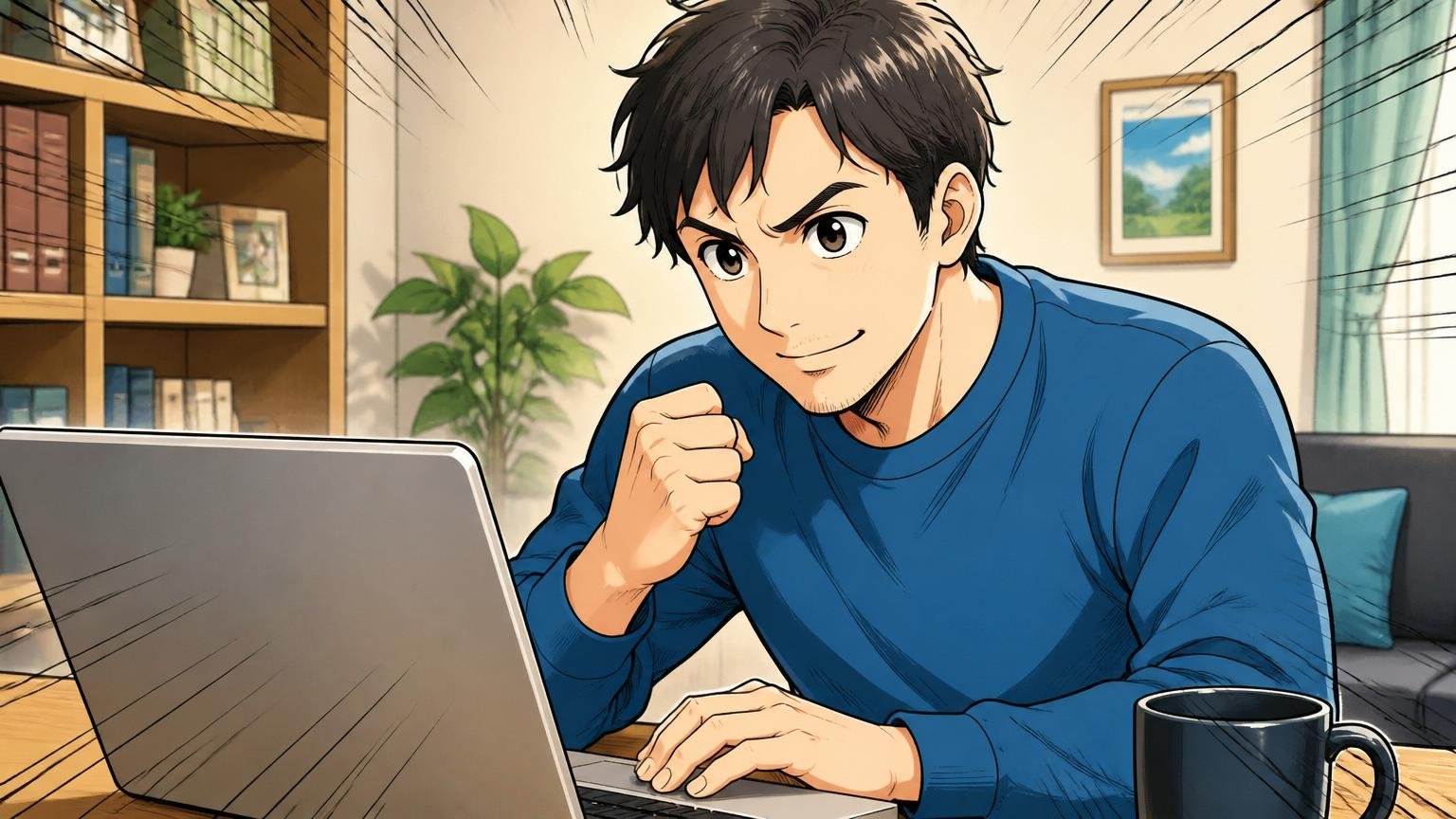無料で市場価値を知る。自宅のパソコンで一歩踏み出す決意の表情を見せる30代男性1人