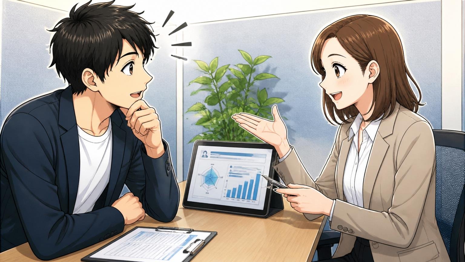 エージェントに市場価値を相談する。面談ブースで担当者と話す30代男性エンジニアと女性アドバイザー