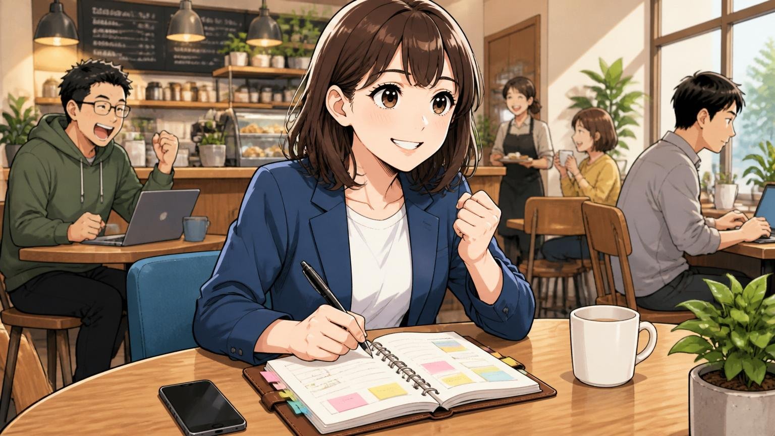 ITエンジニア経験者がやるべき3ステップ。カフェで手帳に転職準備を書き込む女性エンジニア1人、前向きな表情