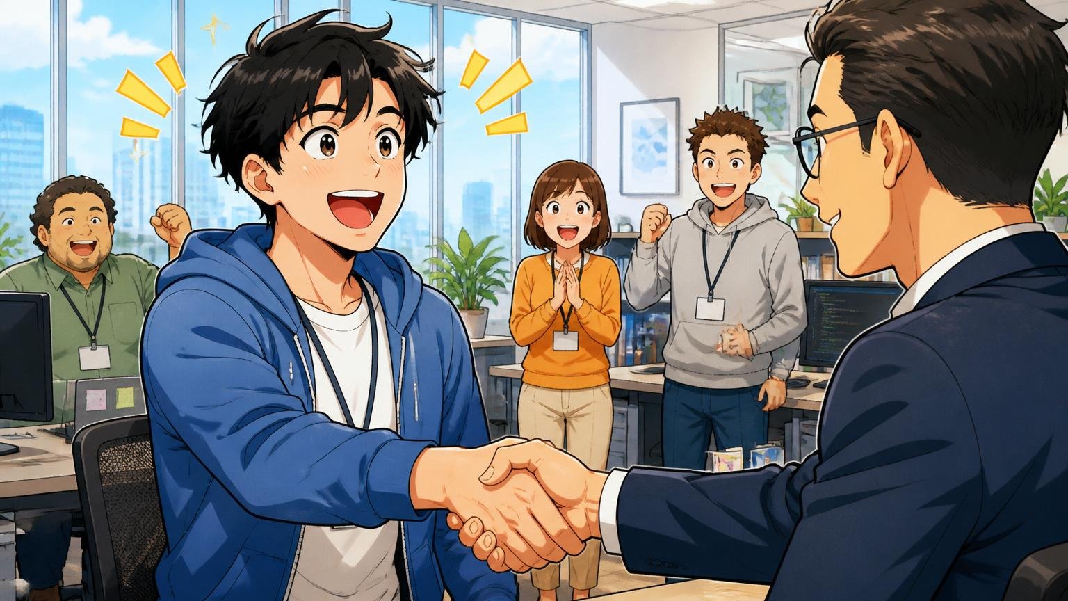 年収とキャリアの選択肢を広げる。明るいオフィスでエンジニアが前向きな表情で担当者と握手する