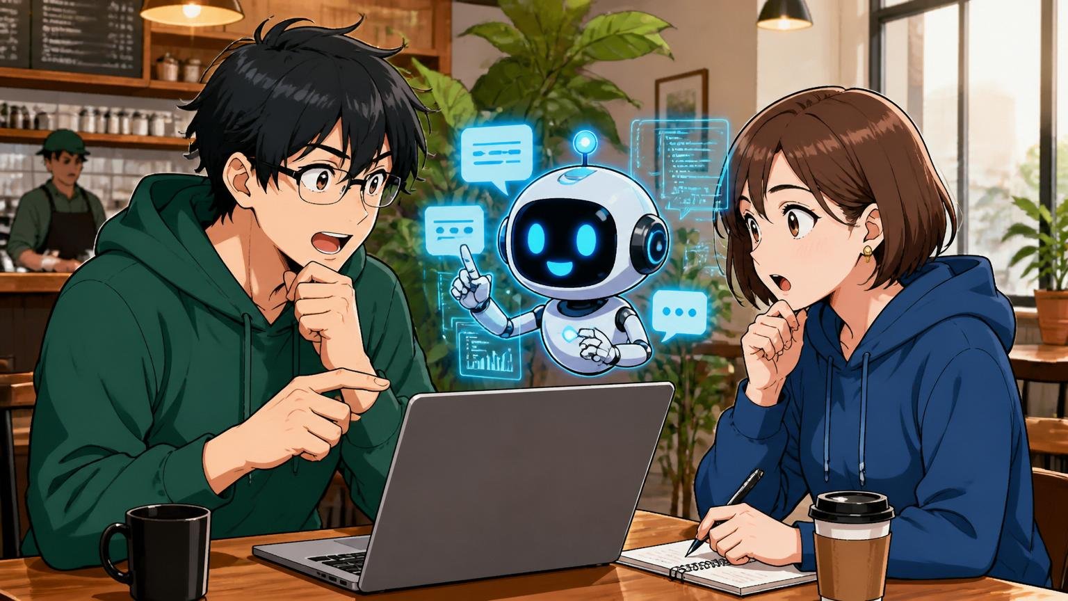カフェでノートPCを開きエージェントに相談する男女エンジニア2人