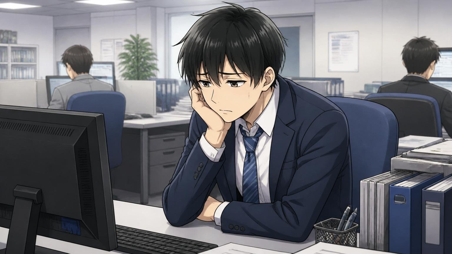 向いていない人、静かで落ち着いたオフィスで浮かない表情を浮かべ一人デスクに座り込む男性社員