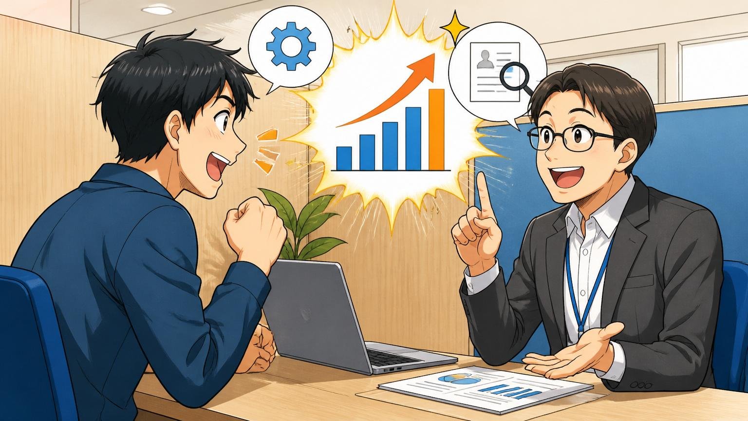 転職エージェントの無料相談で市場価値がわかる。面談ブースでエンジニアとアドバイザーの2人が和やかに相談する