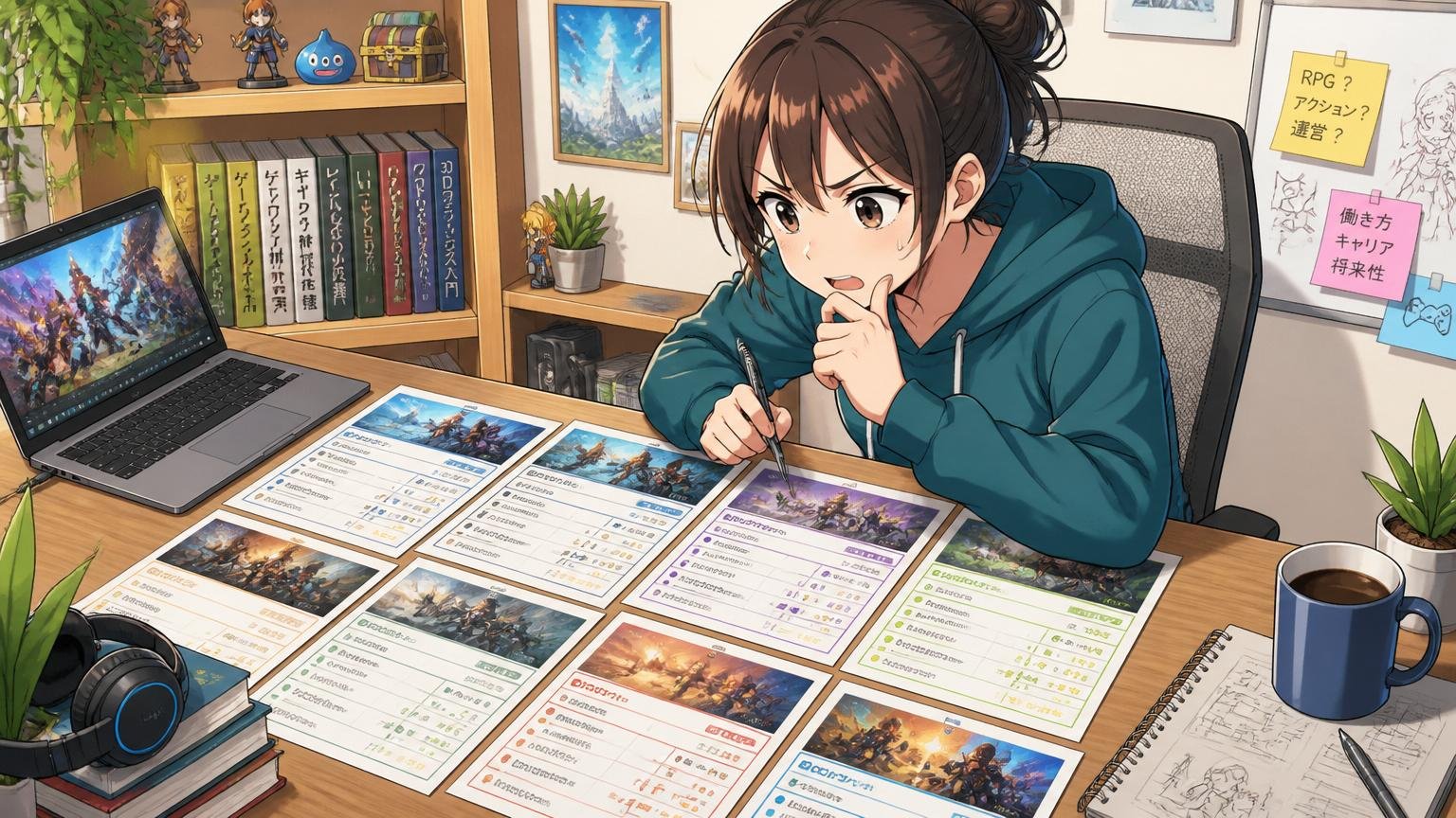 求人を並べる。在宅勤務の自宅デスクで複数のゲーム会社の求人比較表を広げて検討する女性エンジニア1人