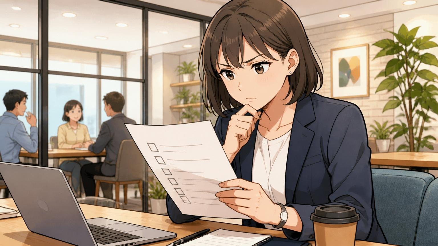 観点2 部署・職種ごとの実態|カジュアル面談のテーブルで質問リストを確認する30代女性1人、真剣な表情