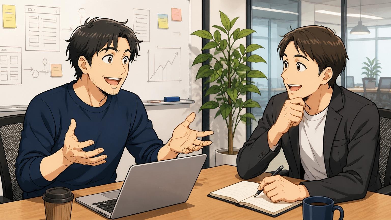 STEP2：カジュアル面談で内部情報を取りに行く、Web系スタートアップの会議室でカジュアル面談する30代男性エンジニア1人とCTW社員1人、リラックスした表情