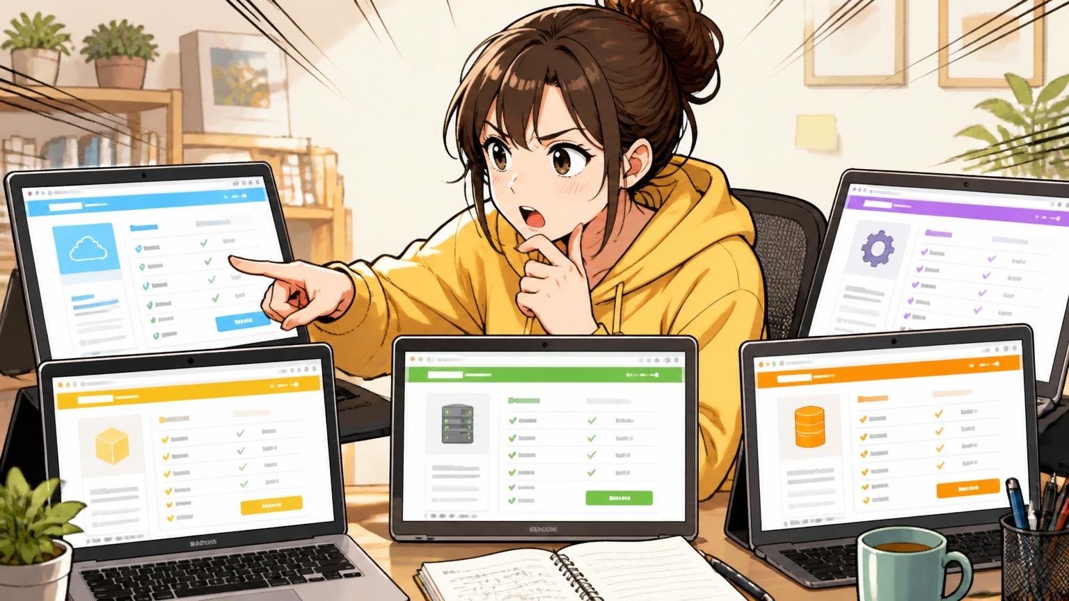 複数エージェント比較のコツを解説、自宅のデスクで在宅勤務、エンジニア女性1名が複数のWebサイトを開いて条件比較
