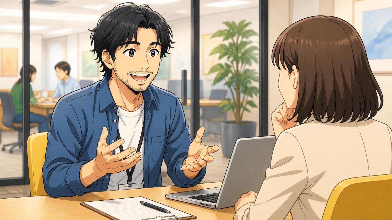 Web系スタートアップのカジュアル面談ブースで採用担当者と話す30代男性エンジニア1名、希望を感じる表情