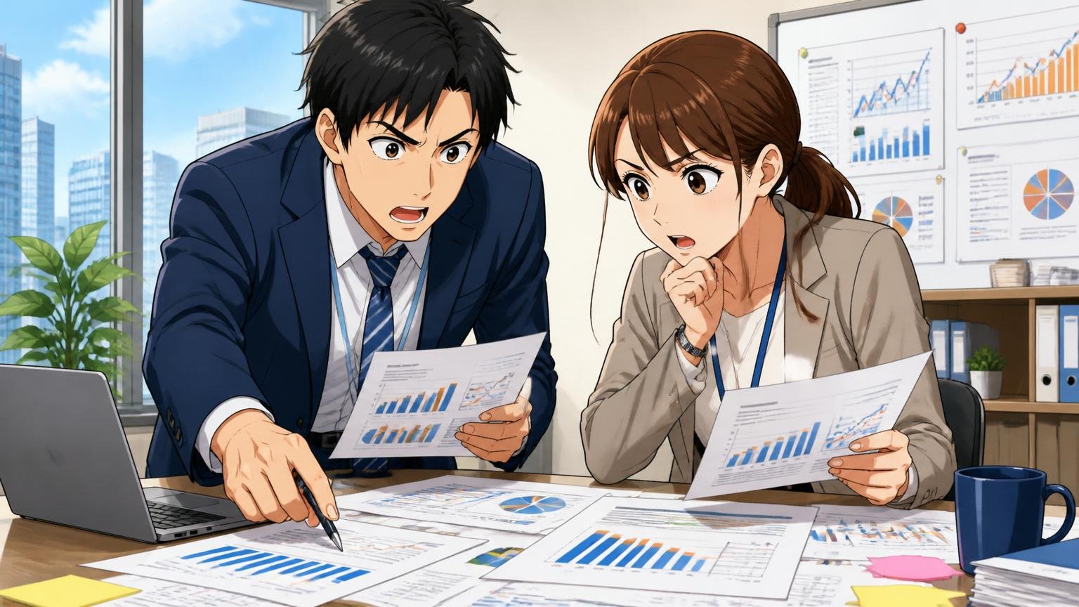 IT業界の人材需給データで見るあなたの立ち位置 都心オフィスでIT人材データの資料を見ながら戦略を練る人事担当者2人