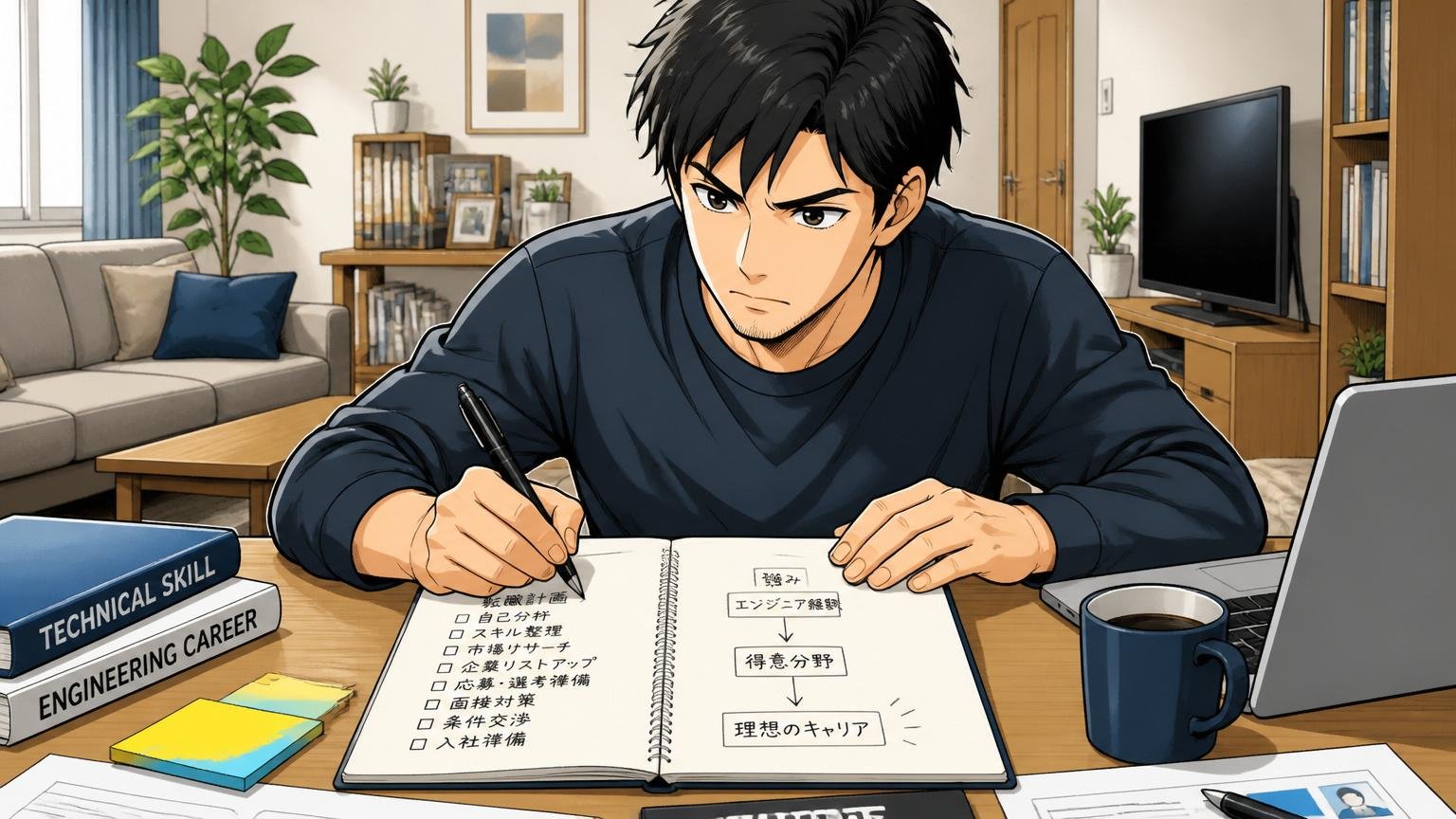 自宅のリビングで転職計画を冷静に書き出している決意のある表情の30代男性エンジニア1名