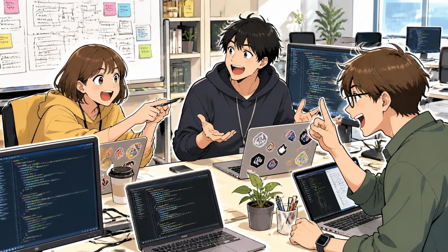 モダンな技術スタックを扱う企業を見るシーンで、Web系スタートアップのオフィスで20代男女エンジニア3人がモダンな開発環境で活発にディスカッションしている