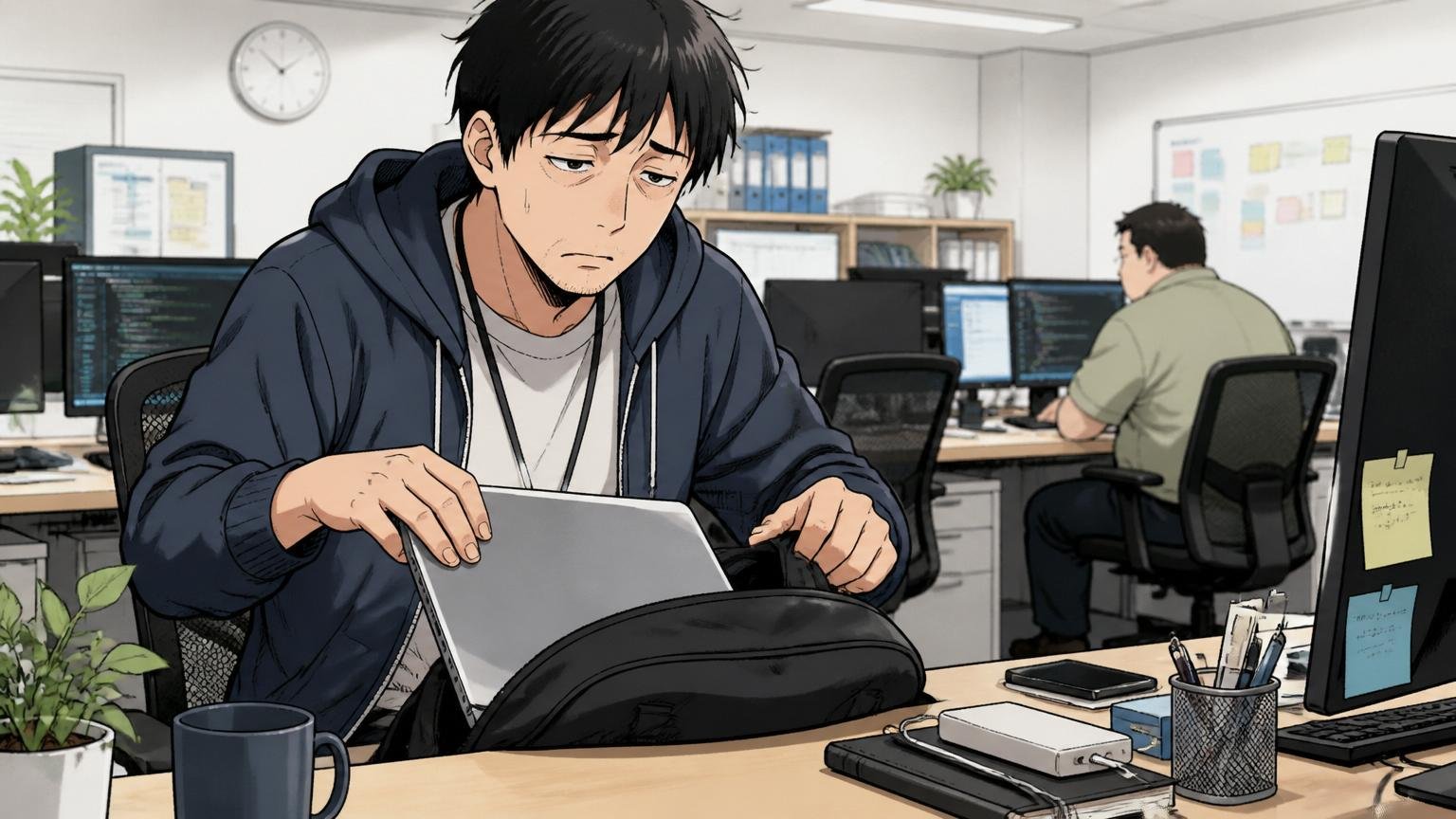 Web系企業のオフィスで疲労した表情の30代エンジニア1人がPCを閉じて帰り支度をする場面