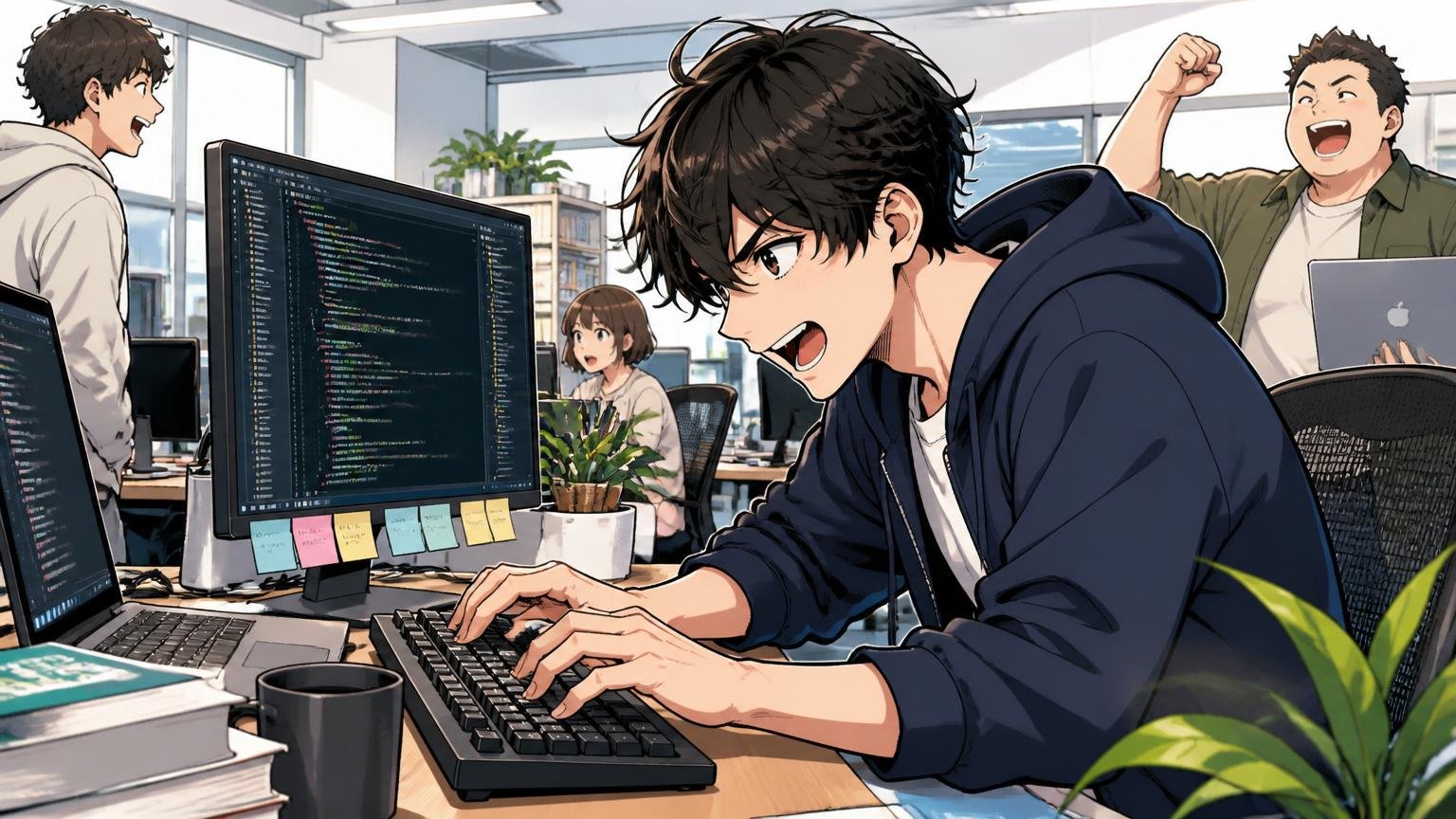 Web系スタートアップのオフィスで20代男性エンジニアがモダンスタックでガリガリ開発したい表情でキーボードを叩いている