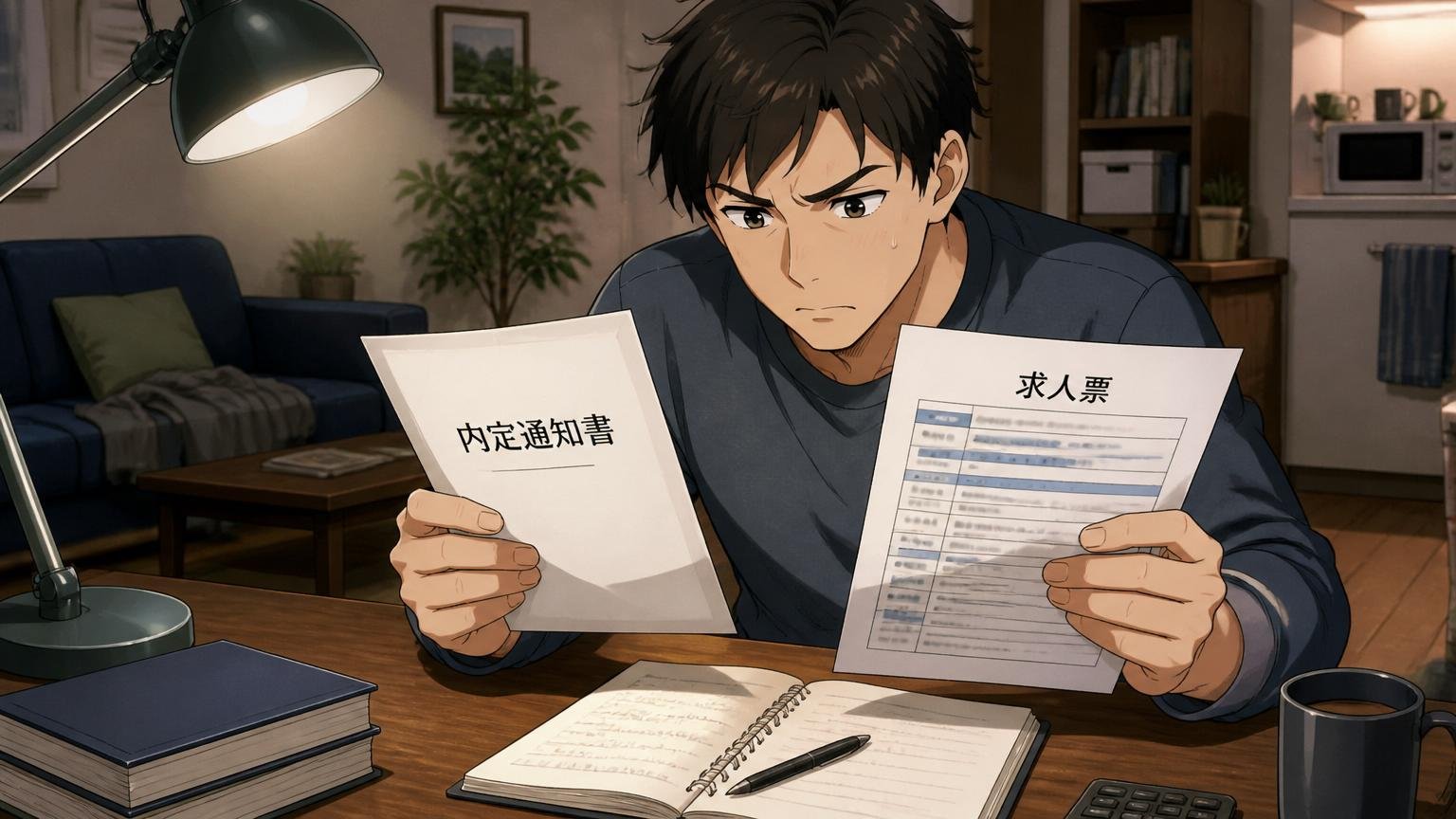 自宅のリビングで内定通知書と他社求人票を比較検討する20代後半男性、深夜のデスクライト、慎重に決断しようとする表情。