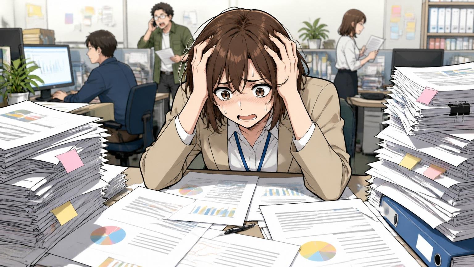 Web系広告会社のオフィスで誰にも相談できず資料の山を前に途方に暮れる20代後半女性社員1人