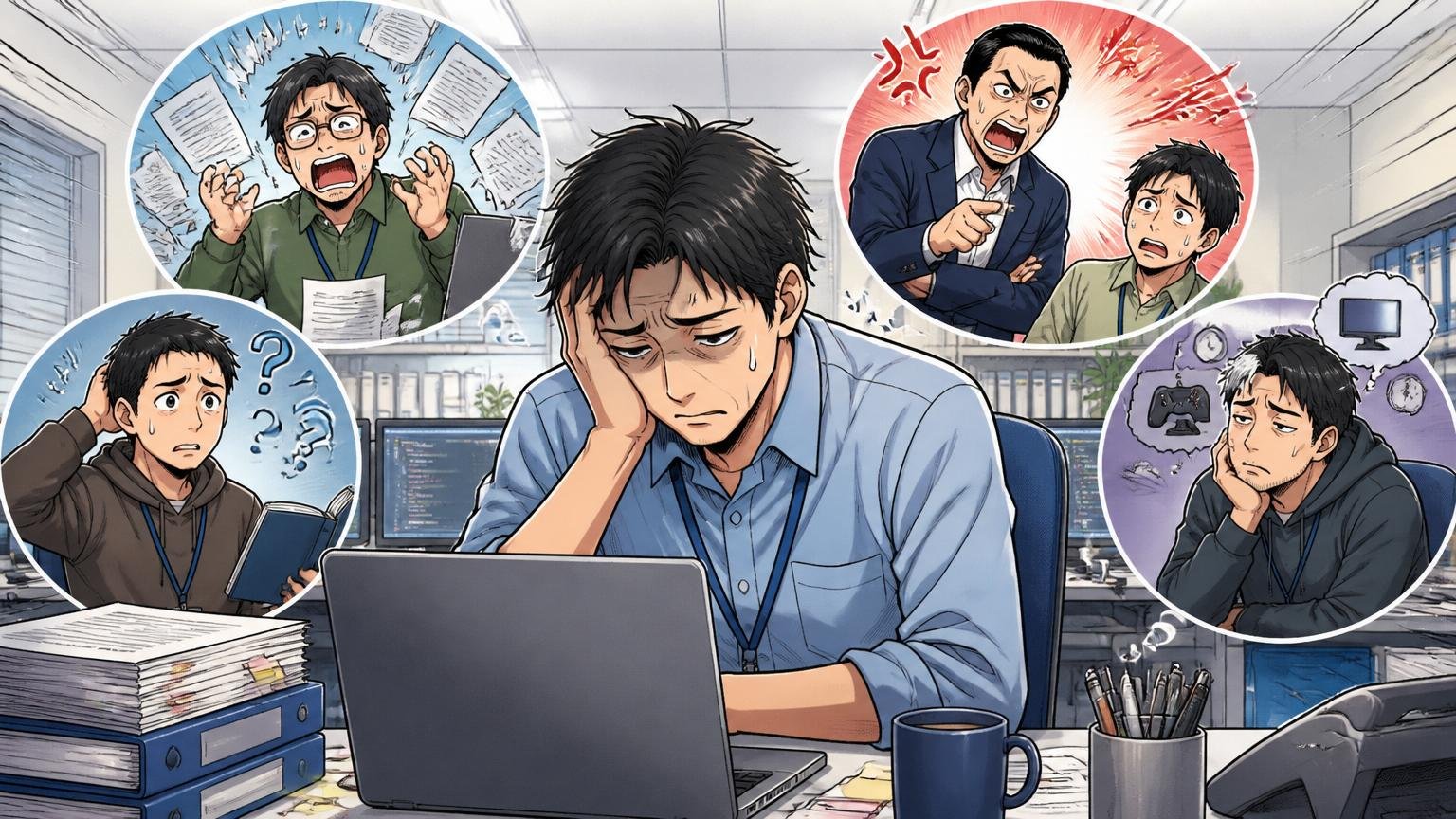 向いていない人の4つの特徴。SIerの開発現場で30代男性エンジニアが疲れた表情でデスクに座る