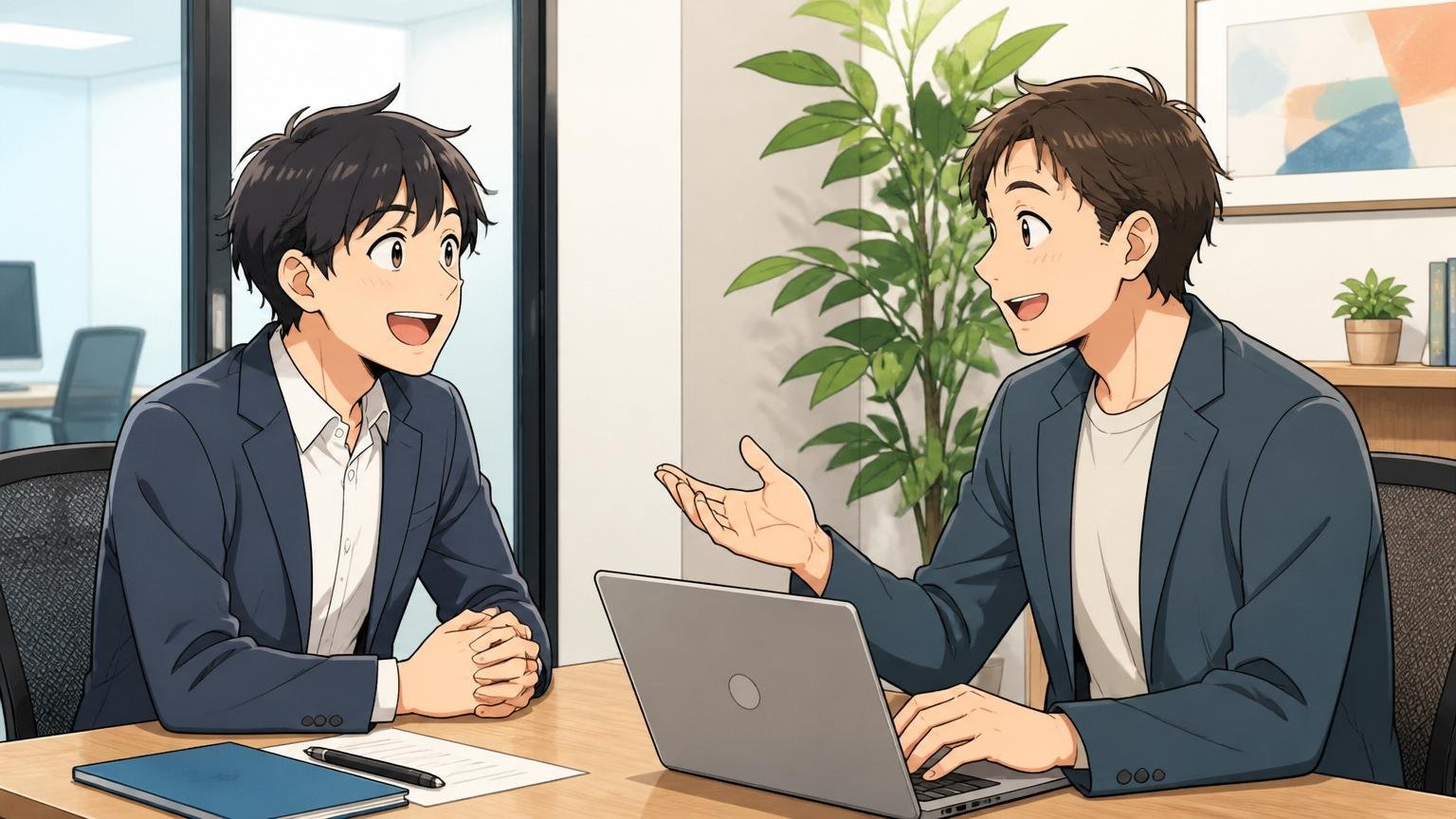 無料相談だけでも踏める一歩として転職エージェントに相談する社員、Web系オフィスの面談室で穏やかに話すエンジニア、社員2人、安心した表情