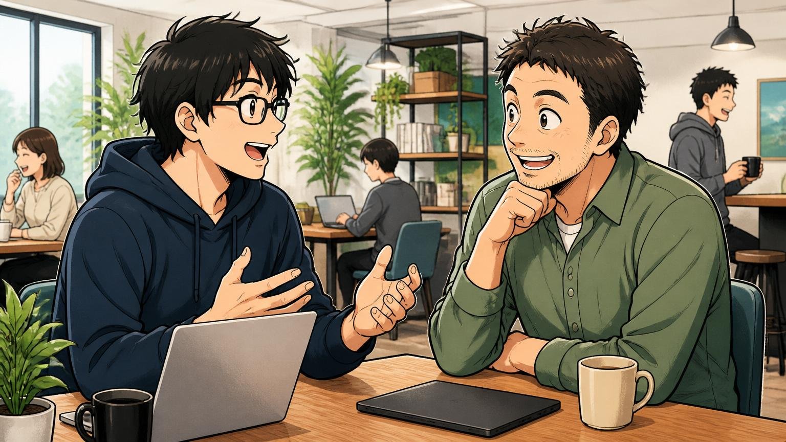 相談相手と話すエンジニア、Web系スタートアップのオフィスで2人がカフェスペースでカジュアル面談、片方が共感する表情
