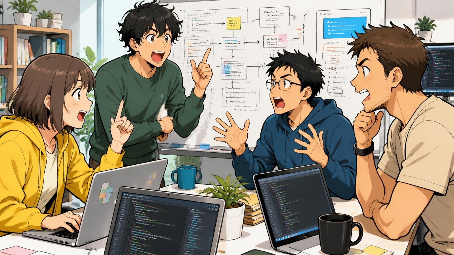 Web系スタートアップのオフィスでモダンな技術スタックの議論をする若手エンジニアたち