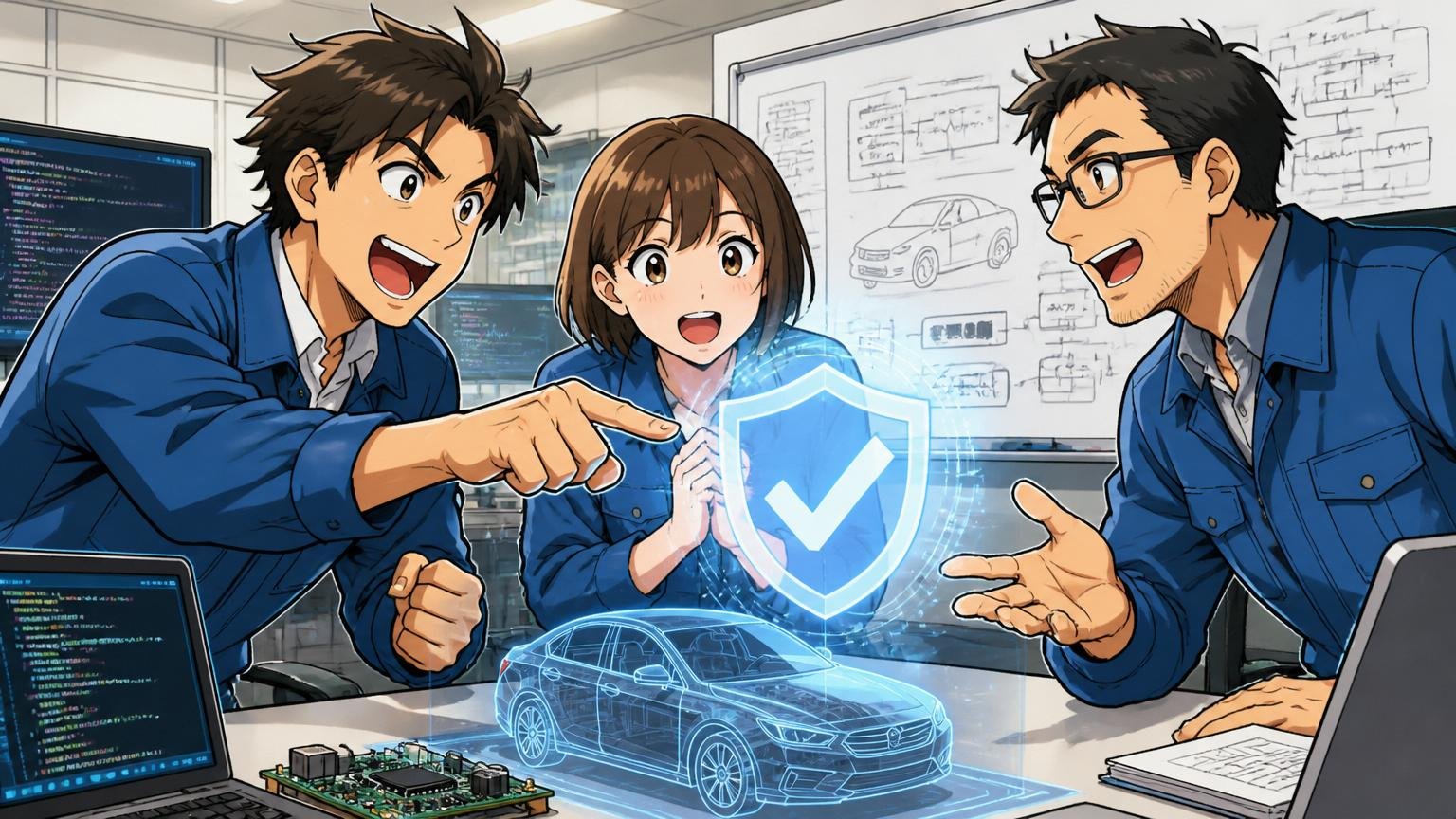 イーソルが車載で生き残ってきた理由。研究開発フロアで機能安全認証ロゴを見せながら次世代RTOSを議論する3人の開発エンジニア