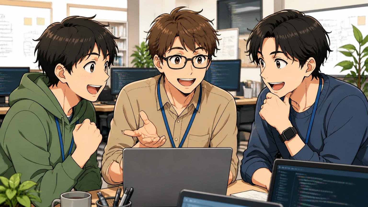 年収アップ実績の高い、おすすめIT特化型エージェント3選 Web系企業のオフィスで20代から30代のエンジニア3名が笑顔で相談する場面