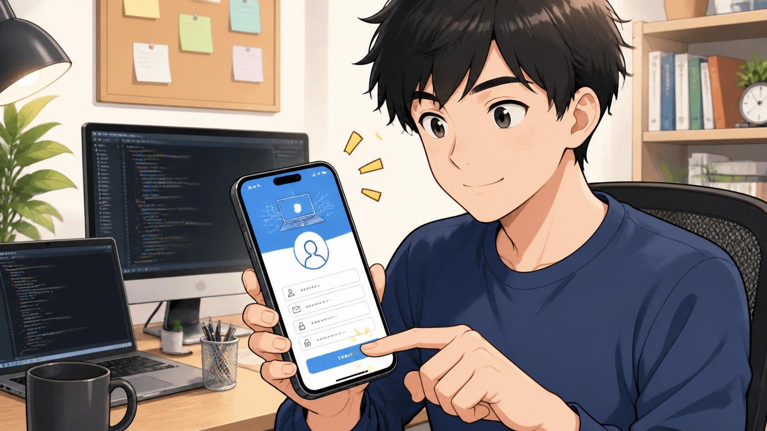 自宅のデスクで20代男性エンジニアがスマホでIT特化型エージェントの登録画面を開き穏やかな表情で踏み出そうとしている