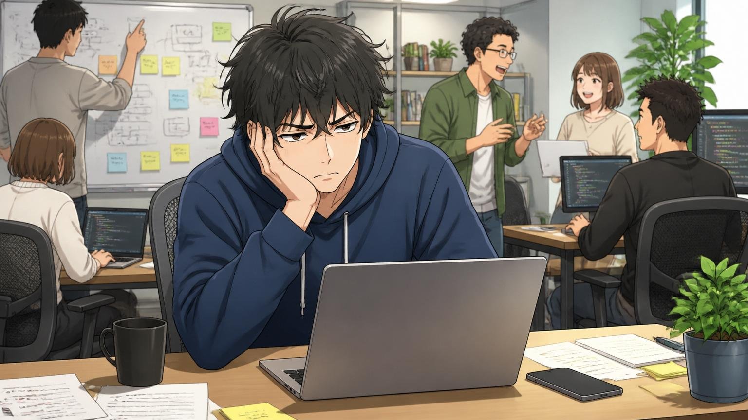 向いていない人、Web系スタートアップのオフィスで若手男性1人が物足りなそうにノートPCを見る、不満げな表情