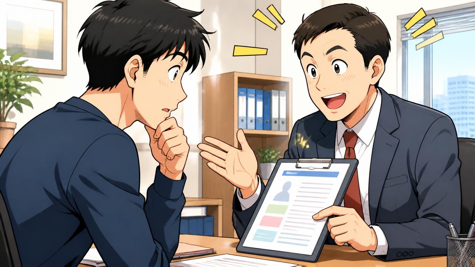 プロから内部情報を引き出す、転職エージェントのオフィスで担当者と向き合い相談する30代エンジニア