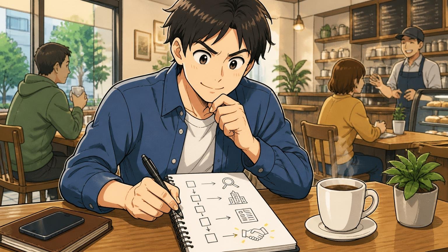 判断ステップを一つずつ確認して前に進む転職検討者。カフェのテーブルでノートに書き出し計画を立てる様子
