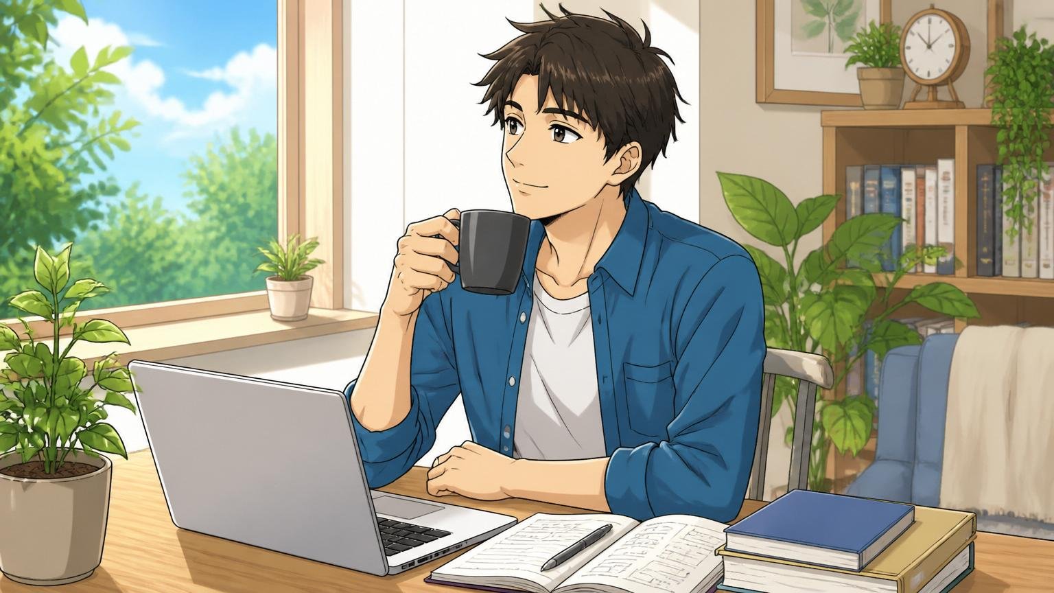 今すぐ転職よりまず情報収集でいい/窓辺でコーヒー片手に落ち着いて考える穏やかな表情の男性