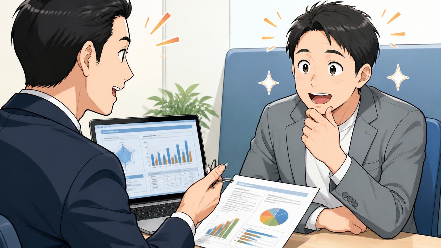 企業の面談ブースでキャリアアドバイザーから市場価値の説明を受け納得する表情の30代男性