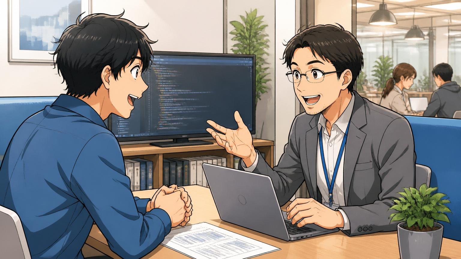 経験者向けIT特化型エージェントを選ぶ理由｜Web系IT企業の打ち合わせブースで面談する応募者と専門アドバイザーの和やかな雰囲気