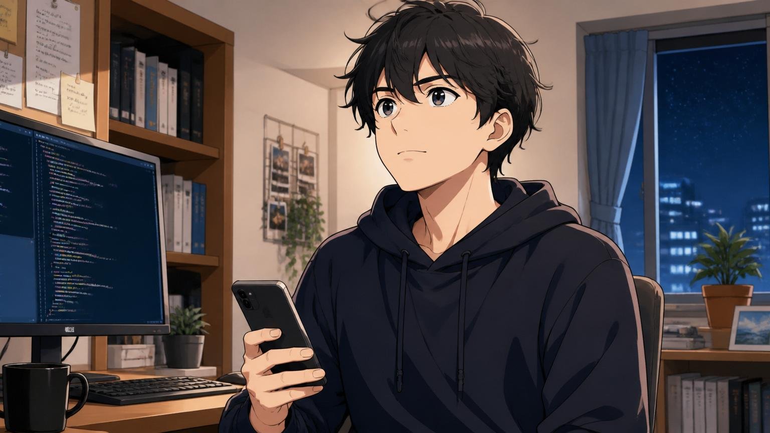 小さな一歩を踏み出す。夜の自宅の部屋で20代男性エンジニアがスマホを手に落ち着いた表情で前を見据える