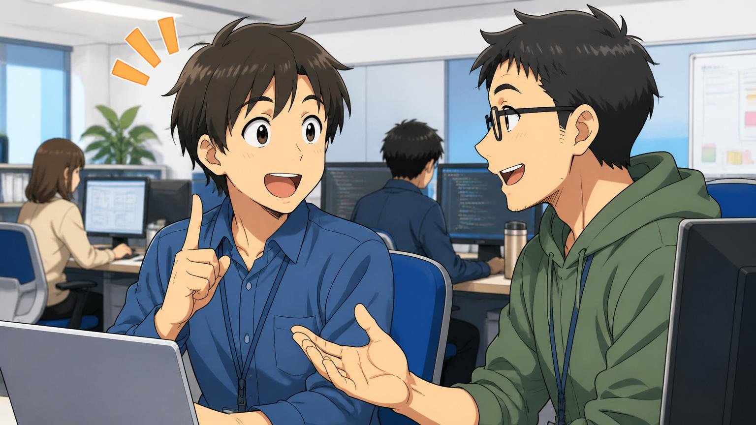 よくある質問。企業のオフィスで20代男性が先輩エンジニアに疑問を質問しすっきりした表情