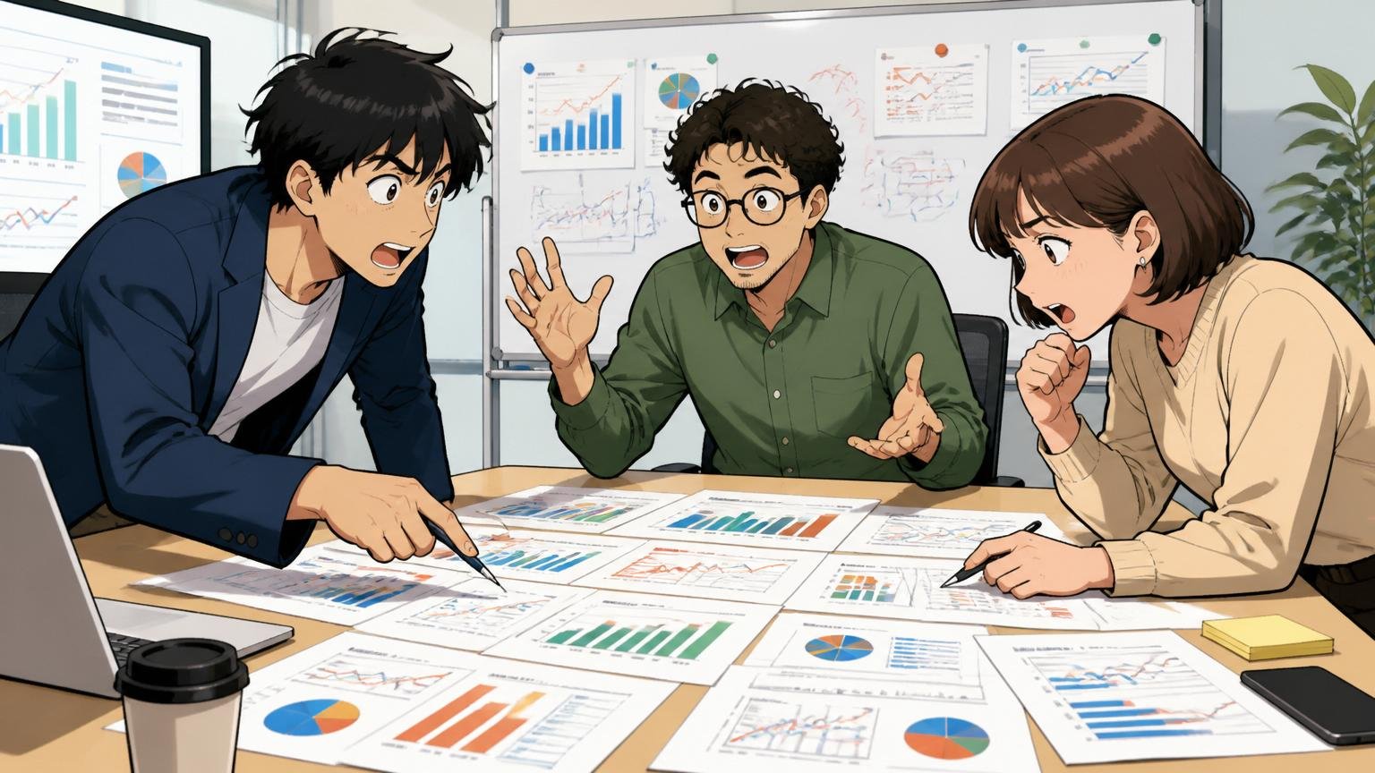 AnyMind単体ではなく急成長メガベンチャー群で比較する重要性を表すWeb系企業の会議室で複数社の比較資料を広げて議論する3名の様子