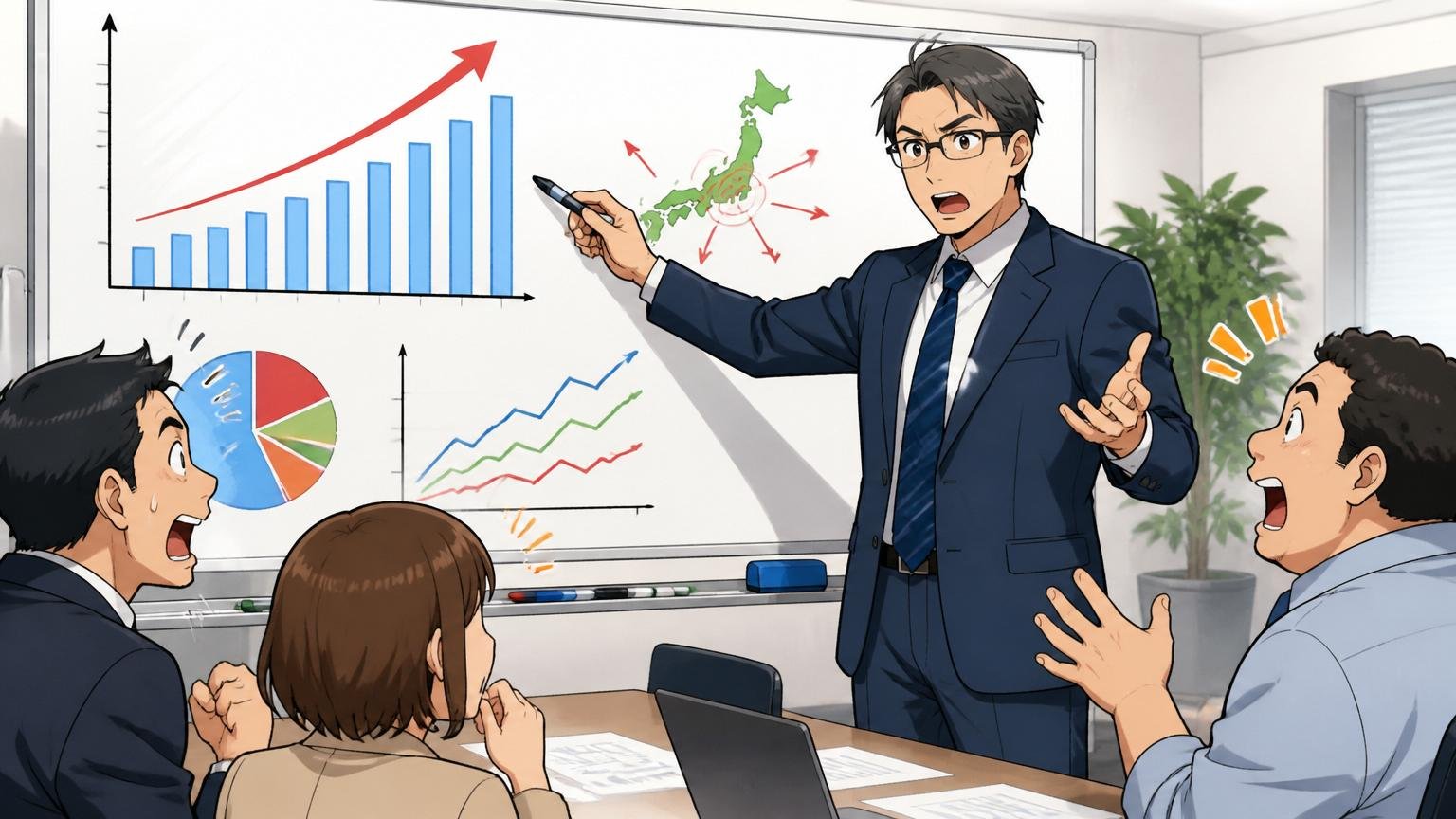 企業の会議室で40代男性アナリストが日本のIT人材市場のグラフをホワイトボードで解説する
