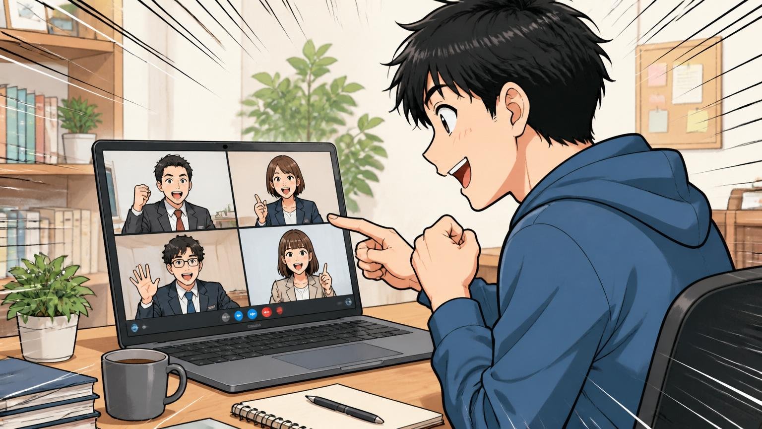 複数社併用が鉄則/自宅のデスクで30代男性エンジニアがノートPC上に複数のエージェントの面談画面を並べる