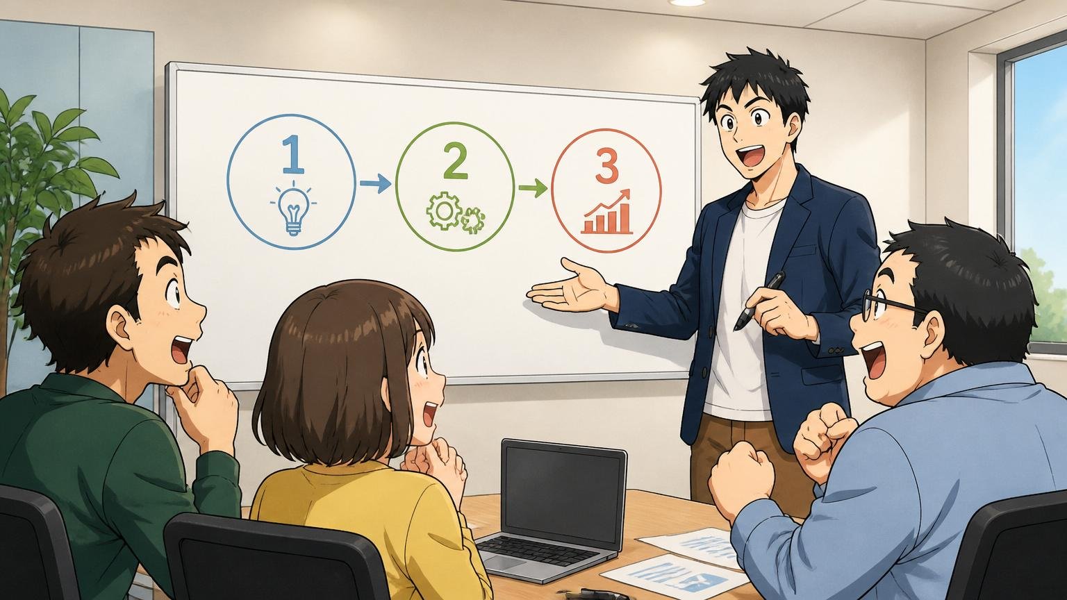Web系企業の会議室で3つのステップを描いたホワイトボードの前で説明するメンター男性