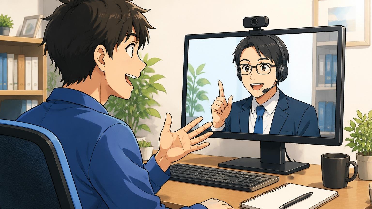 IT特化型エージェントとオンライン面談する転職検討者 自宅のデスクで在宅勤務 男性1人がモニターに向かって笑顔で話す