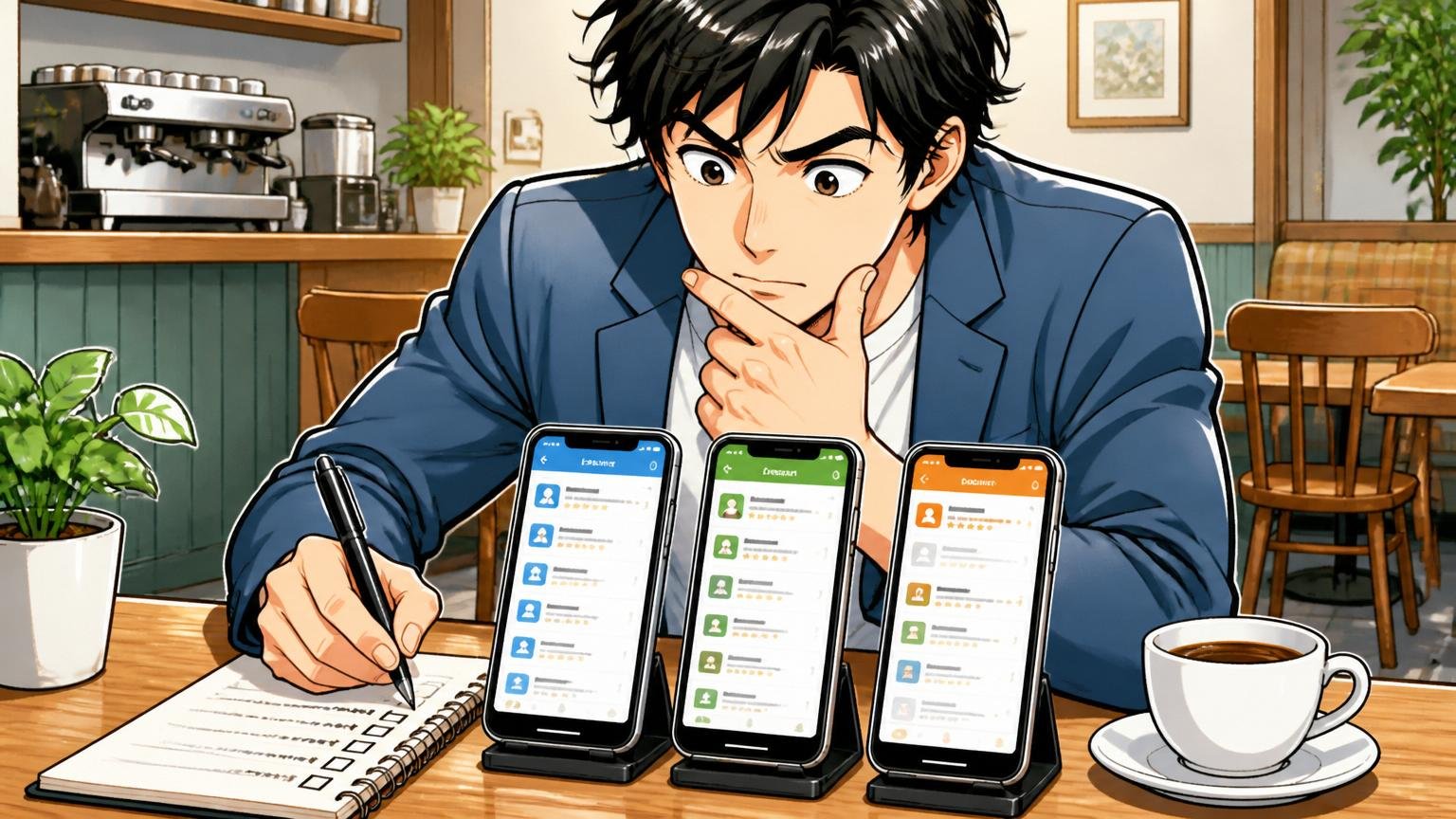 なぜ2〜3社の併用が鉄則なのか カフェで30代男性が複数の転職アプリを並べて比較しメモを取る