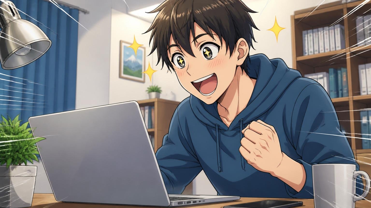 求人票の「年収レンジ上限」を信じてしまう。自宅のデスクで20代男性が求人サイトを見て期待に目を輝かせている