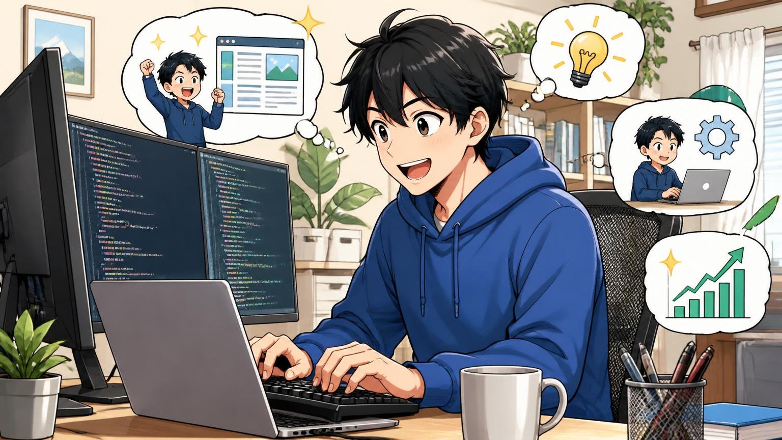 副業・社外活動で技術スキルを補完する。自宅のデスクで在宅勤務中の30代男性エンジニア1名が個人開発のコードを書きながら集中する楽しそうな表情