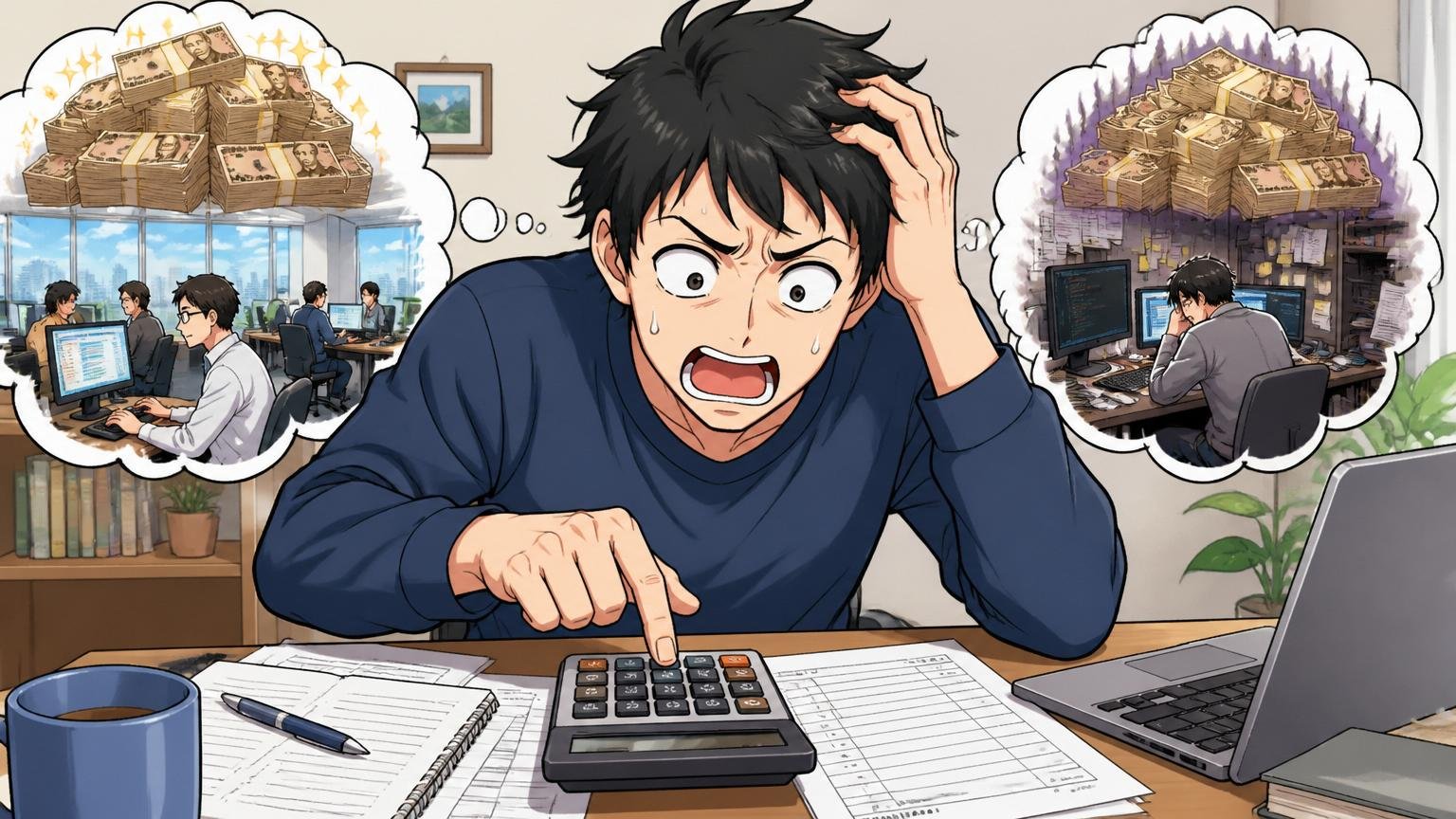 年収だけで会社を比較する落とし穴、自宅のデスクで年収比較、エンジニア1人、電卓を叩く表情