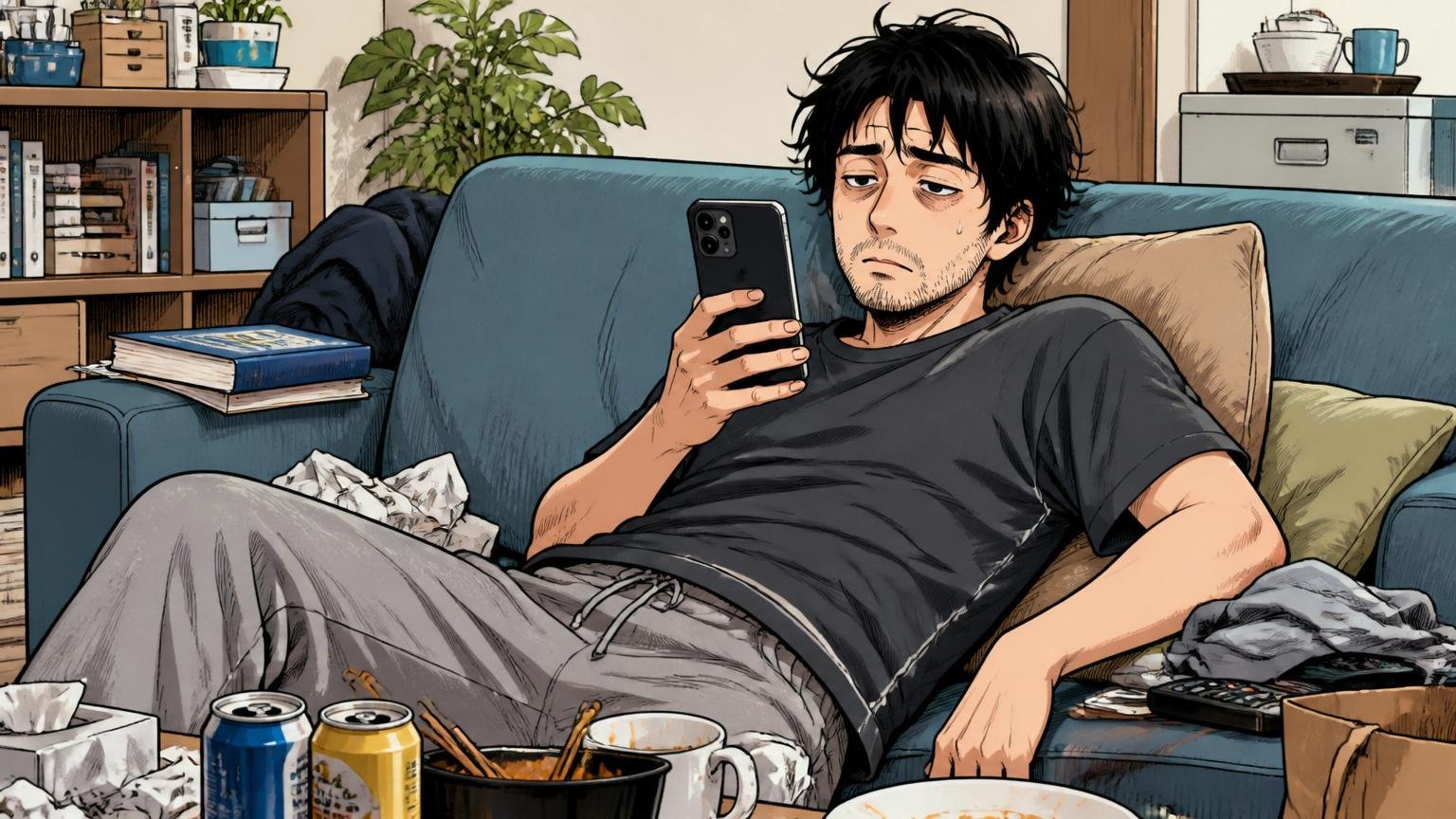 自宅のリビングで疲れ果ててソファに沈み込みスマホを見つめる30代エンジニア
