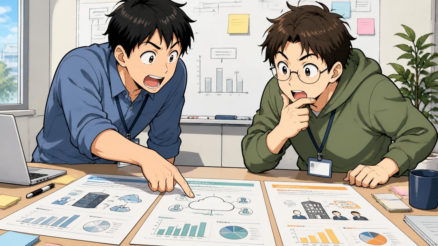企業の会議室で複数の業態の比較資料を並べて検討する2人のエンジニア, 自社開発・SaaS・受託の比較シーン