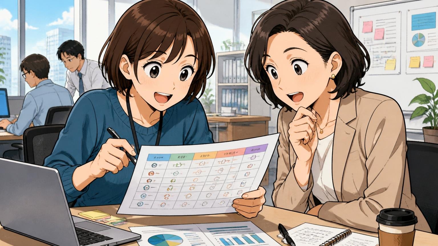 都内オフィスで複数社のオファー条件を比較表に整理する30代女性エンジニアと相談する40代キャリアアドバイザー