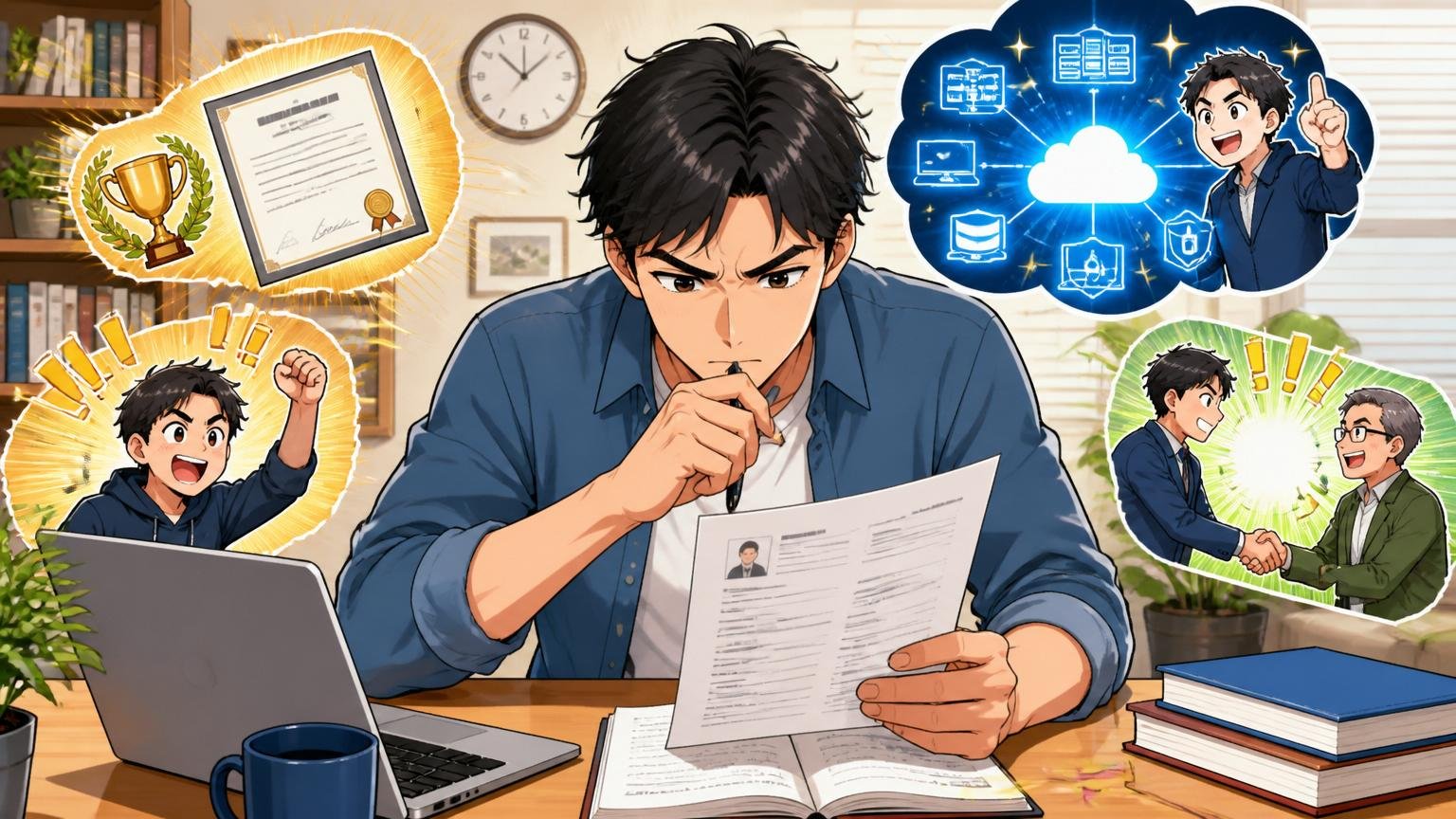 職務経歴書とAWS資格のアピール術。自宅のデスクで在宅勤務する30代男性エンジニアが職務経歴書を真剣に推敲する