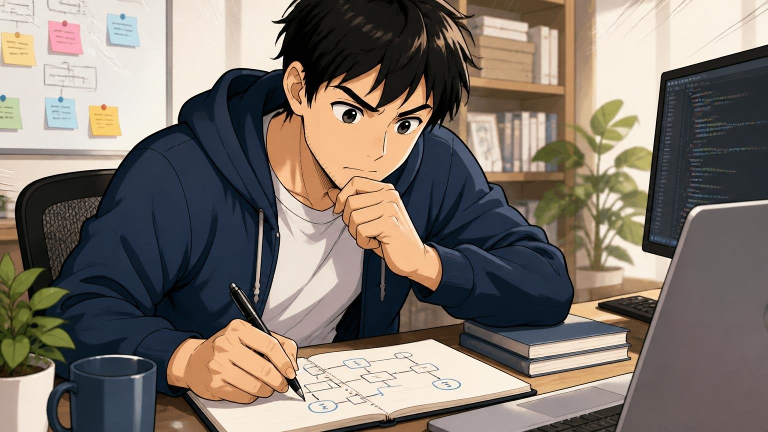 自宅のデスクで次の一歩のステップを書き出す30代エンジニア1人
