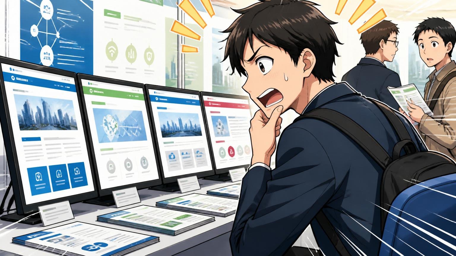 STEP2:会社の客観情報を集める。SIerの調査ブースで複数のサイトを並べて比較する転職検討者