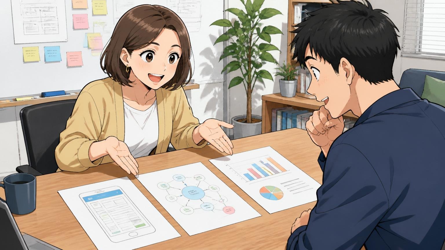 エージェントが3つの資料を並べて説明する場面。Web系スタートアップのカジュアル会議室、30代女性のアドバイザーが30代男性に丁寧に説明